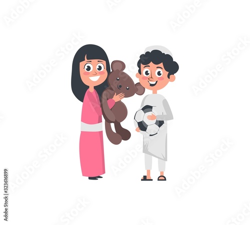 Muslim arab boy and girl playing together vector illustration. Sister and brother having fun with bear toy and ball flat style design. Family concept. Isolated on white