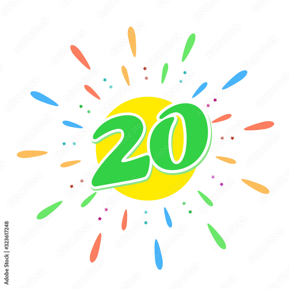 Fototapeta premium The green 20 in the middle of the fireworks. Us twenty year. Or to wish You a happy birthday. Vector illustration in a flat style on white background.