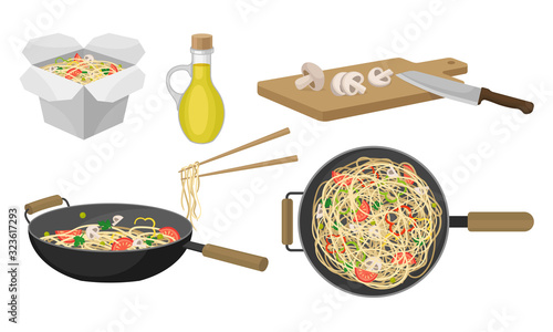 Asian Wok Udon Noodles in Paper Box and in Frying Pan with Sliced Vegetable Ingredients Side View Vector Set