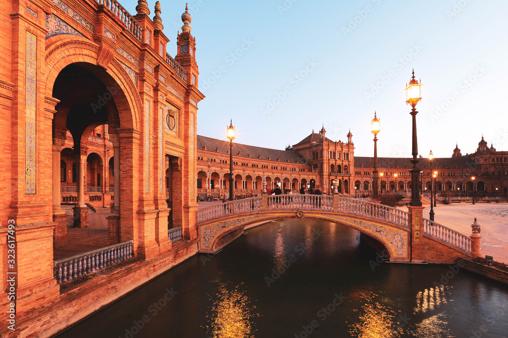 Selective focus on Plaza de Espana's building in Seville during evening blue hour, Andalusia, Spain