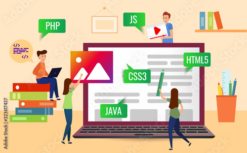 Team creates a website and writes programming code. Concept for web page, banner, social media. Vector illustration. programming language.