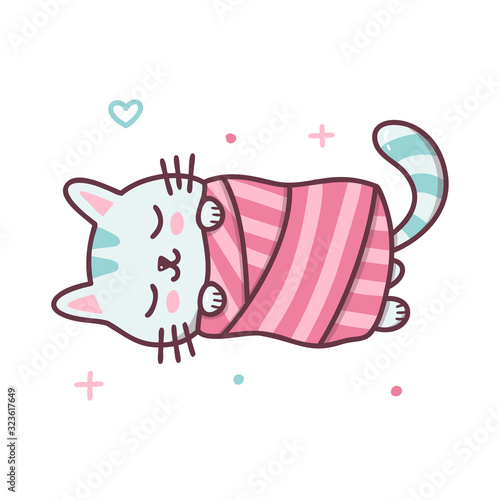 Cute sleeping cat wrapped in a blanket. Kawaii cartoon character. Vector illustration.