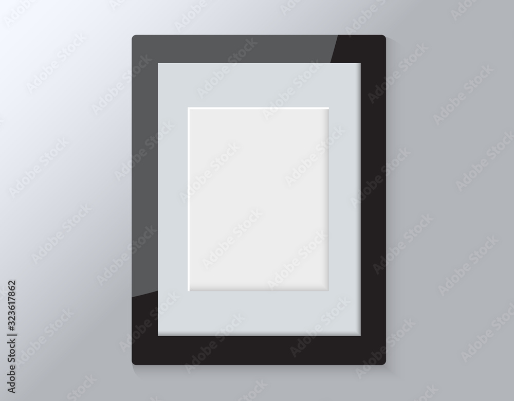 Realistic empty wooden modern horizontal picture frame isolated on grey background. Realistic empty wooden modern horizontal picture frame isolated on grey background.