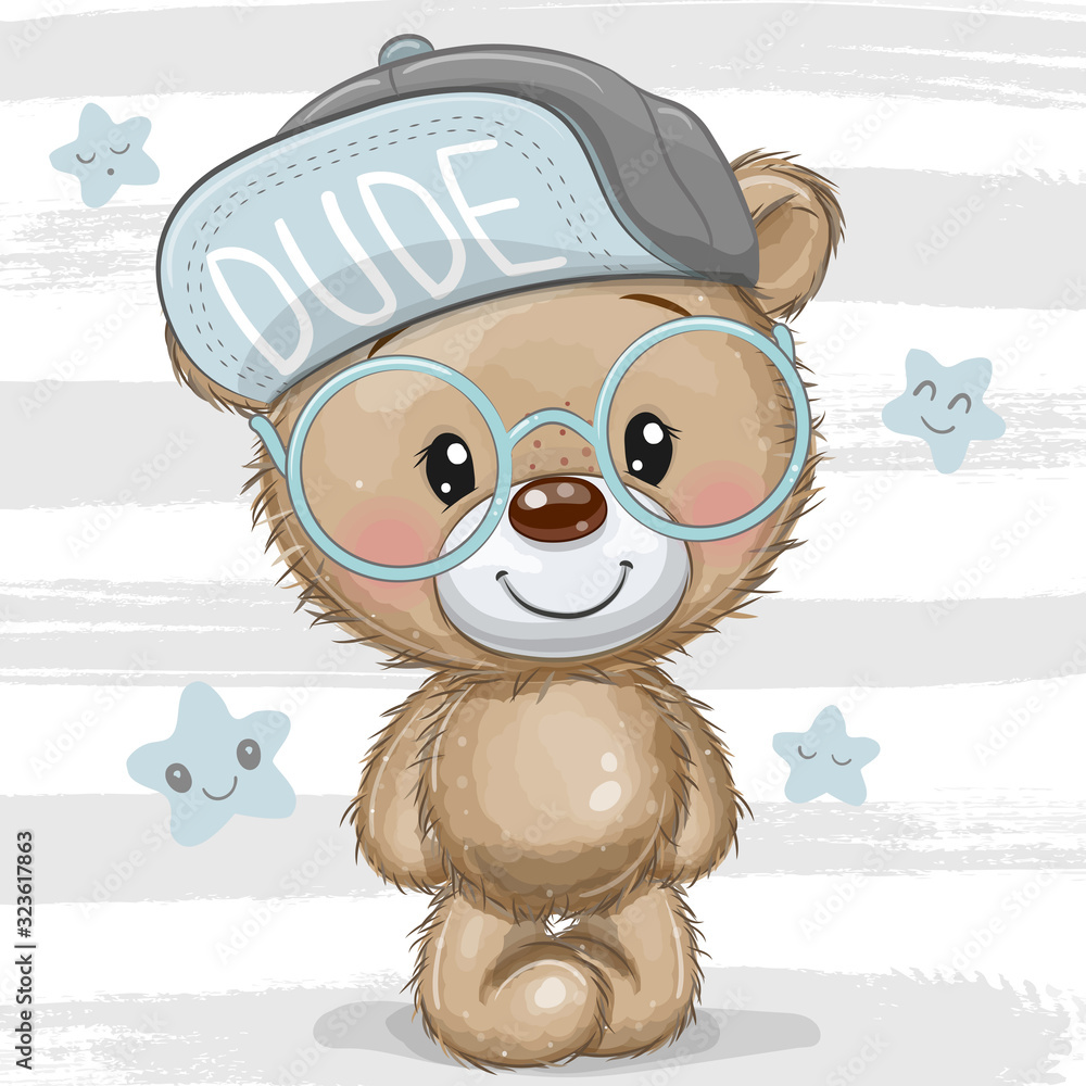 Cartoon Teddy bear with a blue cap and glasses Stock Vector | Adobe Stock