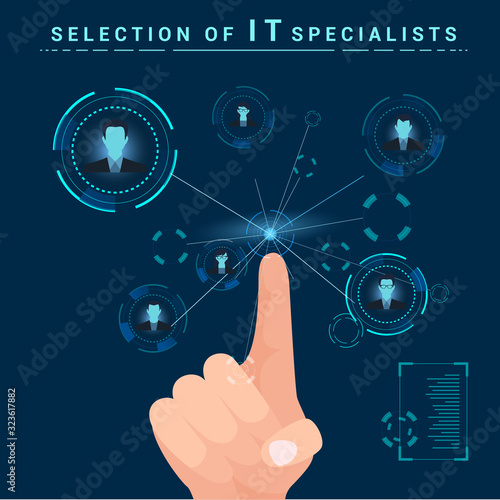 Selection IT Specialists. Finger Clicks on Monitor. Vector Illustration. Explore Workflow. Evaluate Professional Qualities. Competitive Workplace. Recruitment Agency. Finger Touches Screen.