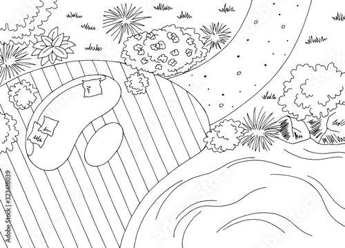 Garden landscape architect design backyard graphic black white sketch aerial view illustration vector
