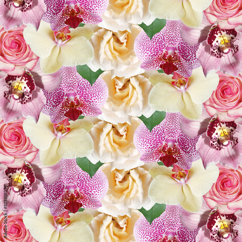 Beautiful floral background of roses and orchids. Isolated Beautiful floral background of roses and orchids. Isolated