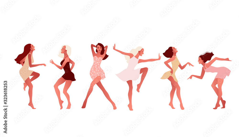 Set of happy sexy girls or friends dancing and laughing. Friendship, International Women s Day. 8 March. Vector illustration, template with beautiful women for greeting card, poster or flyer. Set of happy sexy girls or friends dancing and laughing. Friendship, International Women s Day. 8 March. Vector illustration, template with beautiful women for greeting card, poster or flyer.