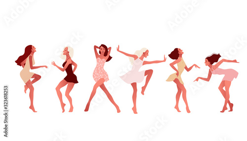 Set of happy sexy girls or friends dancing and laughing. Friendship, International Women s Day. 8 March. Vector illustration, template with beautiful women for greeting card, poster or flyer.