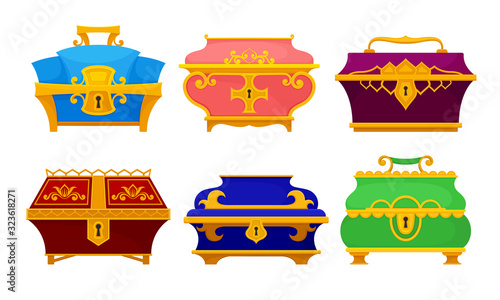 Different Treasure Chests and Trunks with Golden Keyhole Vector Set