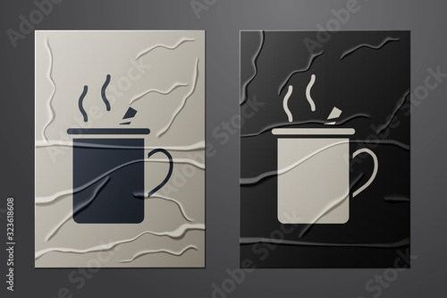 White Mulled wine with glass of drink and ingredients icon isolated on crumpled paper background. Cinnamon stick, clove, lemon slice. Paper art style. Vector Illustration