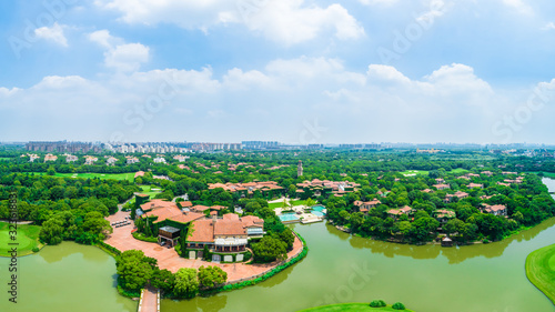 Fototapeta Naklejka Na Ścianę i Meble -  Aerial view of a beautiful green golf course in Shanghai,panoramic view.