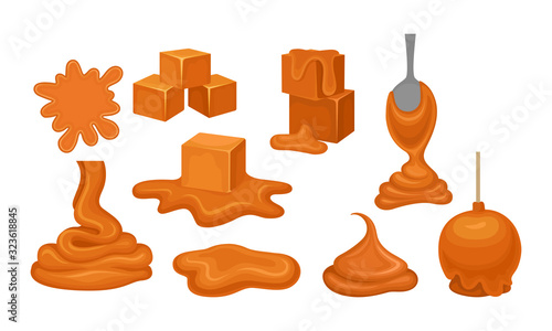 Sweet Sticky Caramel Flowing Down from Spoon in Layers and Formed in Cube Shapes Vector Set