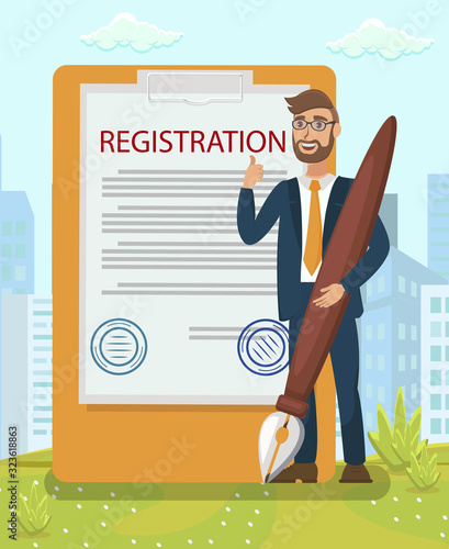 Legal Document Stamping Flat Vector Illustration. Registration, Contract, Agreement, Business Inspection. Businessman, Auditor Holding Huge Pen Cartoon Character. Paper with Stamps on Clipboard