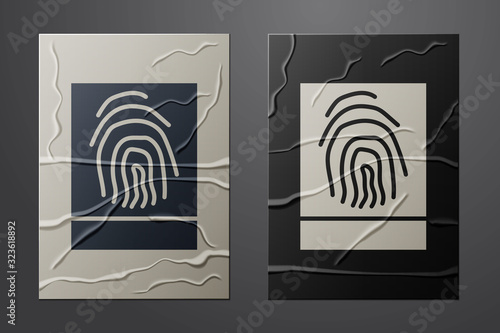 White Fingerprint icon isolated on crumpled paper background. ID app icon. Identification sign. Touch id. Paper art style. Vector Illustration