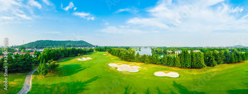 Photography Aerial view of a beautiful green golf course in Shanghai,panoramic view