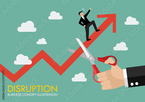 Big hand cutting growing graph with businessman on it