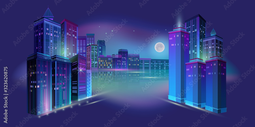 Fototapeta premium Night city panorama with moon and neon glow. Vector illustration.