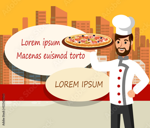 Cooking Classes Flat Vector Cartoon Illustration. Happy Chef in Coat and Cap Cartoon Character. Smiling Cook Holding Pizza. Italian Food Restaurant. Home Bakery, Pizzeria, Street Cafe