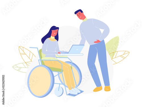 Disabled Young Woman in Wheelchair Working With Computer. Online Job and Startup. Physical Disability and Society, Handicapped Girl Online Education, Work Employment. Cartoon Flat Vector Illustration
