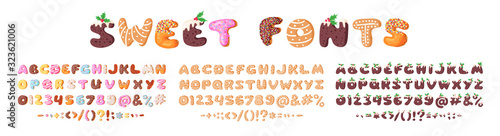 Three cartoon vector illustrations donuts, Christmas Dudding and Gingerbread Cookies. Hand drawn font with sweets. Actual Creative art bake alphabet 