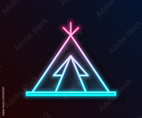 Glowing neon line Traditional indian teepee or wigwam icon isolated on black background. Indian tent. Vector Illustration