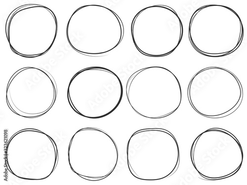 Hand drawn circles set. Rough frame elements isolated on white background.