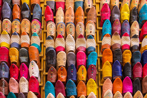 Colorful Babouche slippers - Traditional Moroccan footwear at the bazaar in Marocco