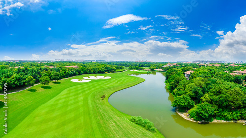 Aerial view of a beautiful green golf course in Shanghai panoramic view.