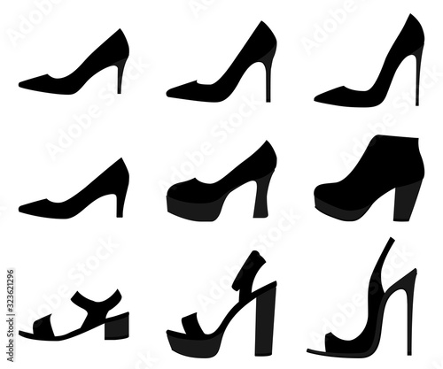 High heels woman shoes. Vector silhouettes isolated on white.