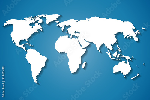 World map isolated on blue background. Flat Earth, white map template with shadow for website template, annual report, infographic. The globe is a similar world map icon.