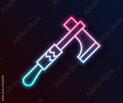 Glowing neon line Native american tomahawk axe icon isolated on black background. Vector Illustration
