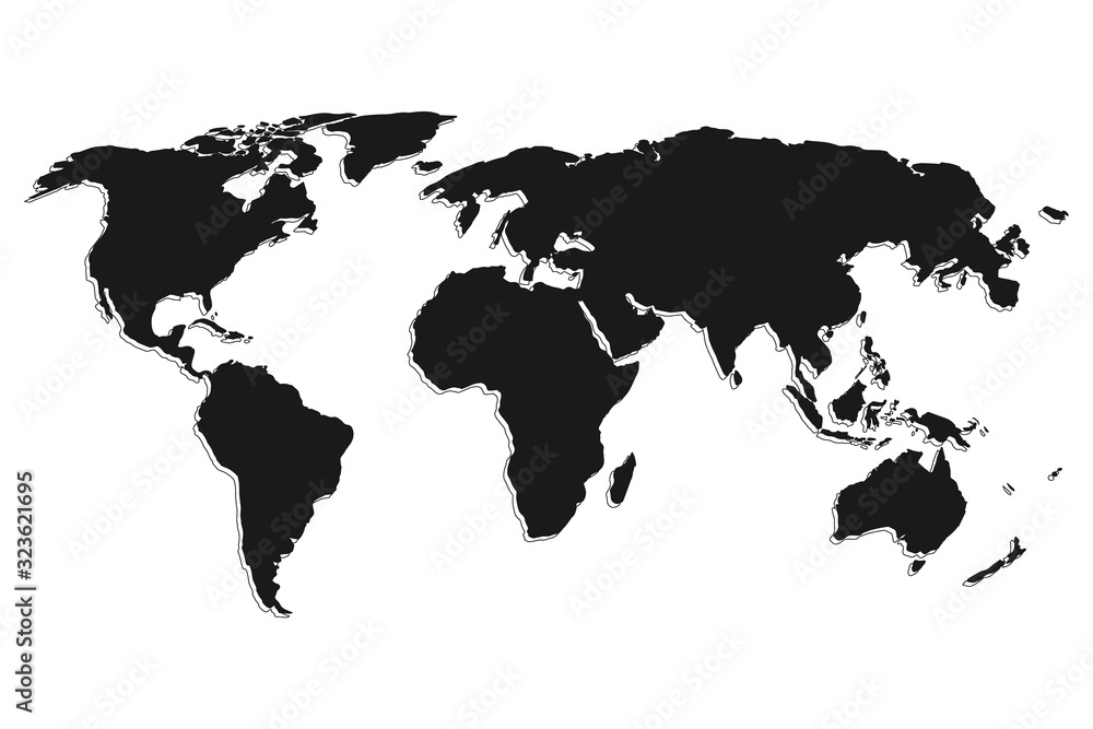 Fototapeta World map isolated on white background. Flat Earth, black map template for website template, annual report, infographic. The globe is a similar world map icon.