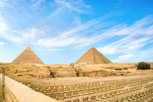 Seats near pyramids
