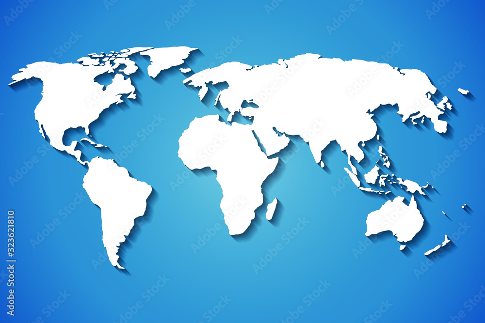 Vector world map isolated on blue background. Flat Earth, white map template with shadow for website template, annual report, infographic. The globe is a similar world map icon. Vector world map isolated on blue background. Flat Earth, white map template with shadow for website template, annual report, infographic. The globe is a similar world map icon.