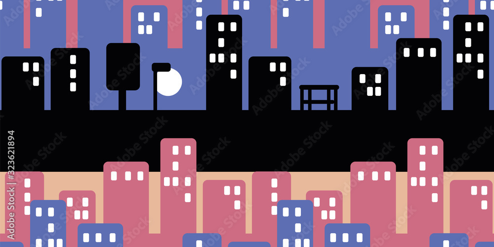 Evening cityscape seamless vector pattern in black blue and pink. Urban surface print design. Great for backgrounds, posters, cards and fabrics.