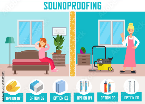 Soundproofing Walls Flat Cartoon Banner Vector Illustartion. Woman Doing Household Chores with Vacuum Cleaner, Neighbor Woman Suffering from Loud Noise. Building Materials for Room Advertisement.