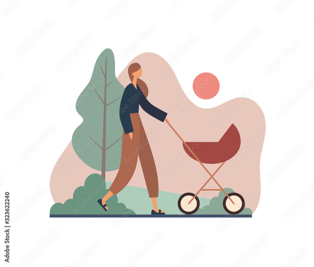 Mother walking with stroller during sunset. Flat vector illustration