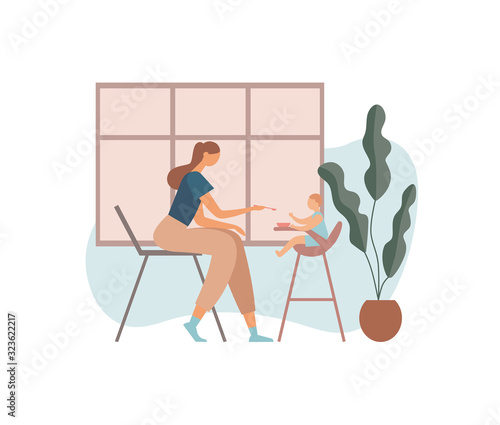 Mother feeding baby in kitchen. Flat vector illustration