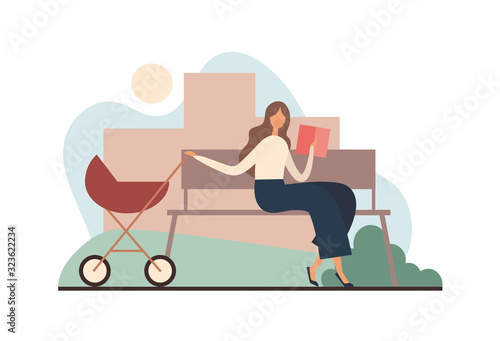 Mother with book rocking stroller. Flat vector illustration