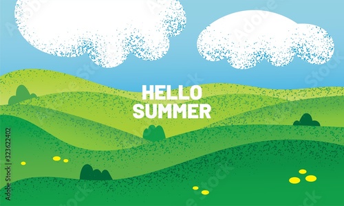 Hello summer cute landscape background with texture. Green fields, meadows and clouds