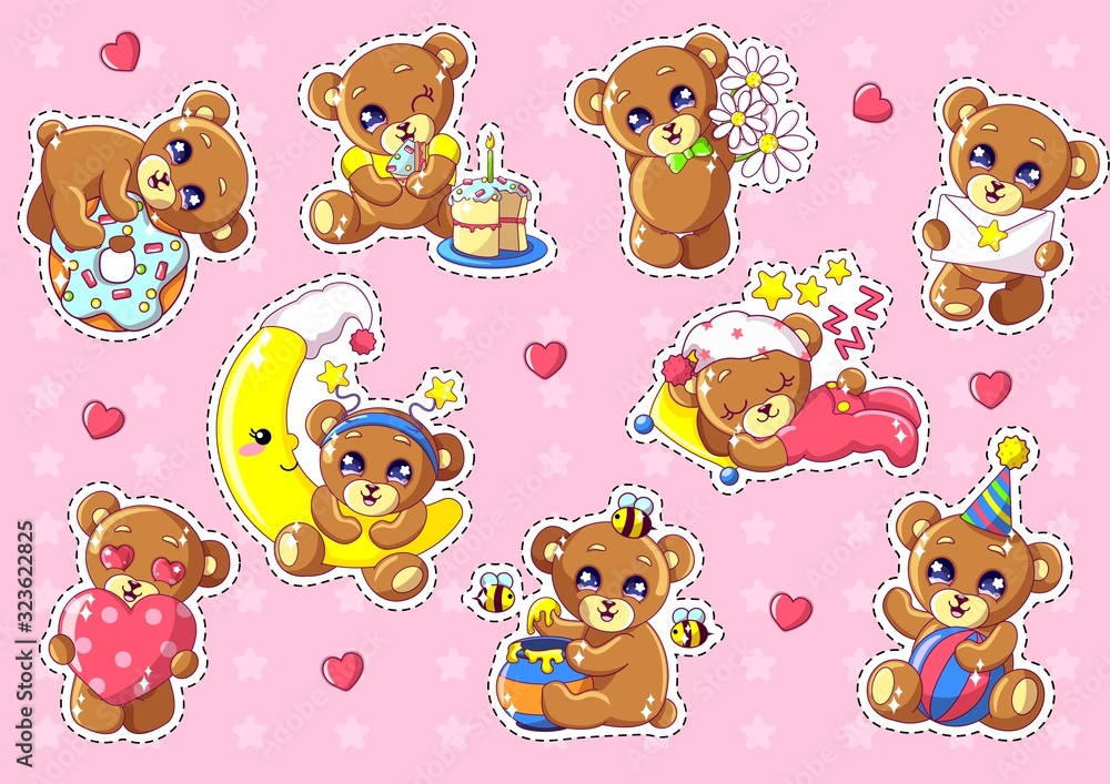 Kawaii Bears Characters Set Flat Cartoon Vector Illustration. Hugging ...