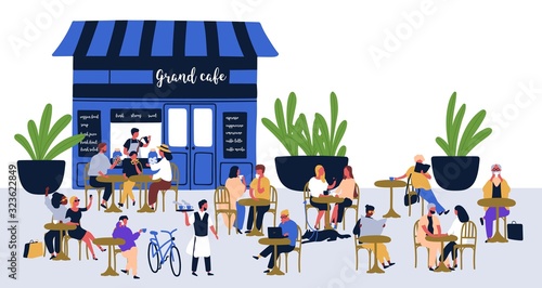 Diverse people visitors sitting at street cafe vector flat illustration. Relaxed cartoon characters at outdoor cafeteria isolated on white. Summer colorful restaurant with men, women and children