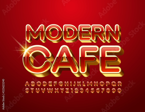 Vector premium logo Modern Cafe. Chic Red and Golden Alphabet Letters and Numbers. Stylish Uppercase Font.