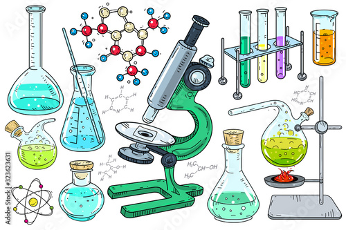 School classes. Laboratory equipment and chemical formulas
