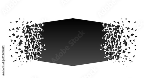 Abstract black explosion isolated on white background. Vector square destruction shapes with debris. Black square banner with debris and 3d effect of particles. Geometric illustration.