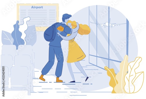 Girl Meeting Soldier Flat Vector Illustration. Young Woman Embracing Sweetheart in Airport Cartoon Characters. Loving Wife Greeting Husband with Flowers. Family Reunion, Man Returning from War