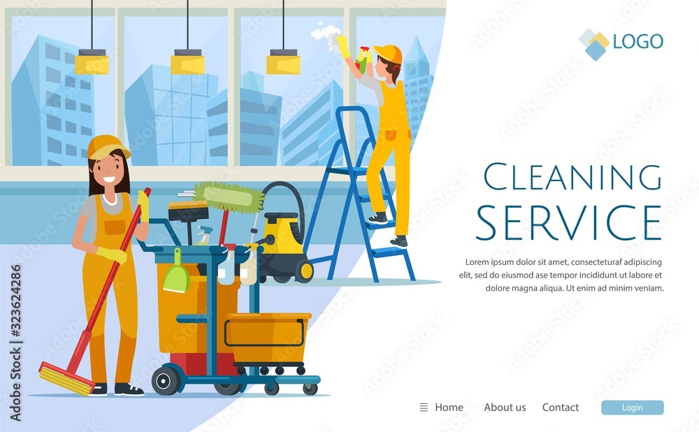 Cleaning Service Flat Cartoon Banner Vector Illustration. Janitor Pushing Trolley Cart with Cleaning Supplies Landing Page. Worker Wiping Floor with Mop. Woman Washing Window on Ladder Website.