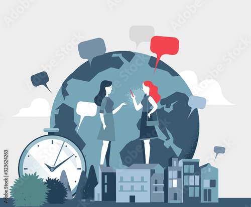 Due giovani donne chiacchierano, discutano le ultime notizie. Concetto di comunicazione globale - illustrazione vettoriale
