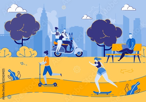 Bright Banner Fun for Young People in Summer Park. Girlfriends Ride on Skateboard and Scooter on Bike Path Park. Man and Woman are Sitting Motorcycle. Guy is Sitting on Bench with Laptop.